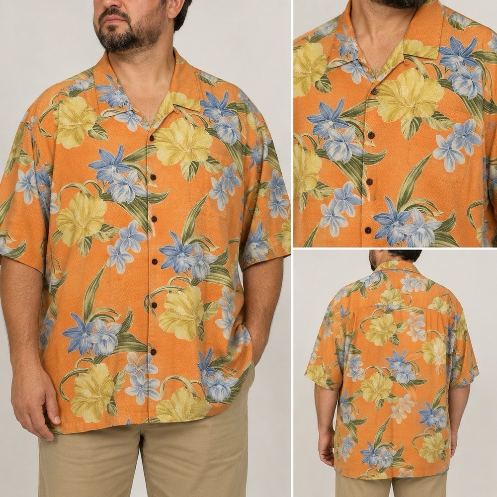 Jamaica Jaxx 100% Silk Hawaiian Shirt Men's XXL Orange Floral Aloha Resort